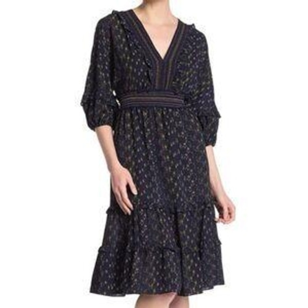 Max Studio Navy Floral Tiered Maxi Dress Boho Embroidered V-Neck Smocked Waist